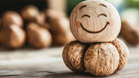 This charming wooden smiley face figurine rests atop three walnut shells, creating a whimsical and cheerful decorative piece for any home.の素材
