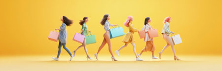 Group of fashionable women walking together with colorful shopping bags, showcasing modern style and youthful energy against a bright yellow background.の素材