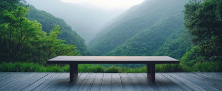 Experience tranquility with this serene outdoor bench overlooking lush green mountains. This peaceful setting invites relaxation and reflection in natures embrace.の素材