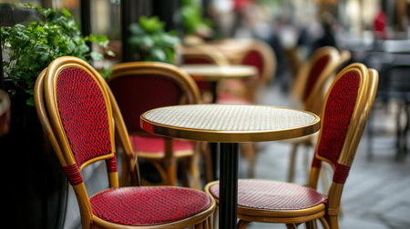 A cozy outdoor cafÃ© scene featuring a round table and red chairs. The inviting ambiance captures the essence of urban dining and relaxation.の素材