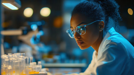 A young female scientist meticulously analyzes samples in a modern laboratory at night. She demonstrates focus and dedication with advanced equipment.の素材