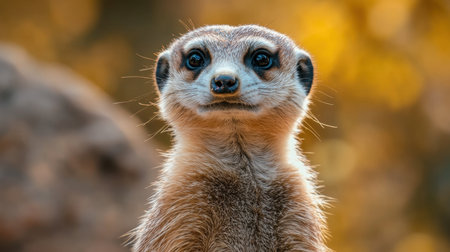 A charming close-up of a meerkat with soft fur, bright eyes, and an inquisitive expression. The warm background enhances the delightful and playful nature of this adorable animal.の素材
