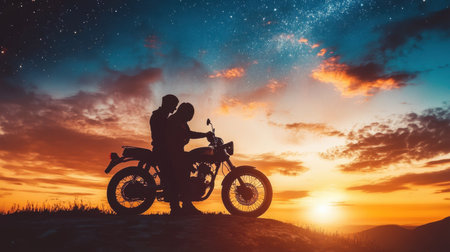 A breathtaking silhouette of a couple on a motorcycle during sunset, with a starry sky above. This romantic moment captures love, adventure, and the beauty of nature.の素材