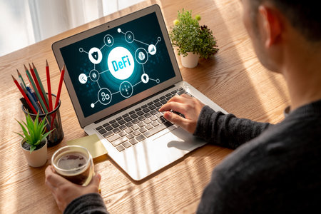 Decentralized finance or DeFi concept on modish computer screen . The defi system give new choice of...
