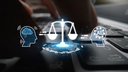 AI is transforming society, raising important ethics questions. Ethics in AI design ensures fairness. AI ethics promote responsible decisions. Balancing AI power with strong ethics is essential.の写真素材