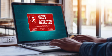 Virus warning alert on computer screen detected brisk cyber threat , hacker, computer virus and malwareの素材
