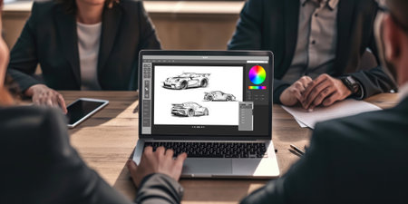 Electric car design software on computer screen showing simulation blueprint brisk by digital calculating application for manufacturing preparationの素材