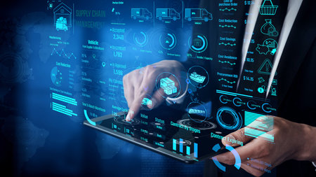 Supply chain management interface showing delivery routes, warehouse efficiency, cost savings,...