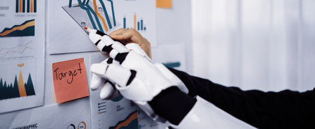 A robotic hand interacts with various business graphs and infographics on a wall, showcasing...
