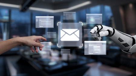 A human hand reaches toward a robotic hand in a high-tech office, with digital mail icons hovering...