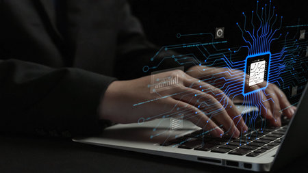 Visualize the intersection of human creativity and technology with hands typing on a laptop while...