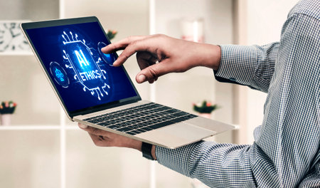 AI ethics responsibility standard law and rules on computer screen provide report of AI ethic...
