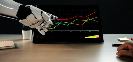 A robotic hand interacts with a touchscreen displaying financial data, showcasing growth trends in a...