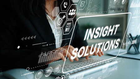 Professional Businesswoman Analyzing Data Insights with High-Tech Solutions and Graphical Interface...