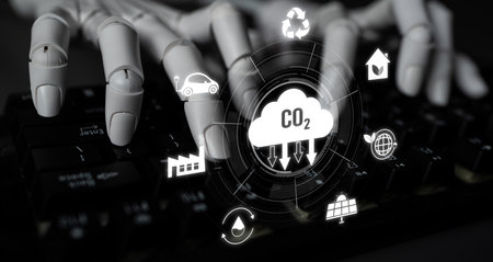 AI artificial intelligence accelerates net zero goals by supporting green strategies, smart energy tools, and virtual assistants for climate-conscious business operations.の写真素材