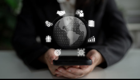 Global marketing and finance strategy supports business expansion through international planning, digital tools, and cross-border marketing for global success.の写真素材