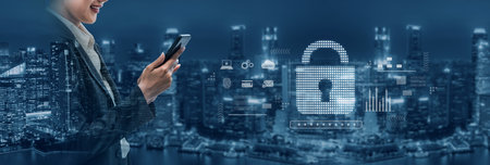 Cybersecurity protection system showing password encryption, fingerprint ID, cloud security, email,...