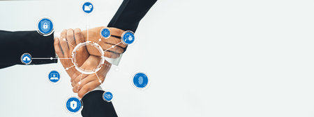 Office worker team stacking hand together symbolize successful group of business partnership and...