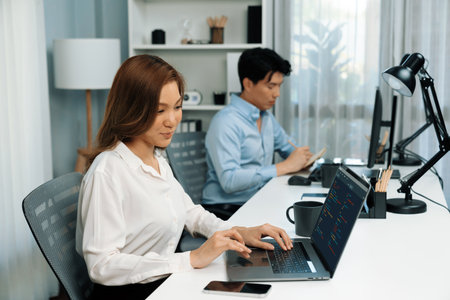 Beautiful IT developer analyzing coding program application beside coworker working on computer,...