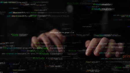 A close-up capture of a programmer hands actively typing on a laptop, with floating code and data...