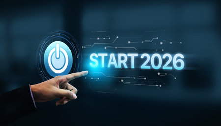 Start 2025 concept with futuristic power button symbolizing fresh beginnings, innovation, and digital transformation. New goals and initiative.の写真素材