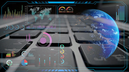 High-tech global network connection interface showing worldwide digital communication, data...