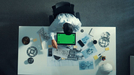 Top view of engineer looking at phone while working on tablet with green screen at meeting table...