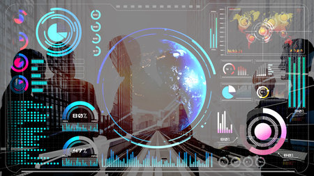 High-tech global network connection interface showing worldwide digital communication, data...