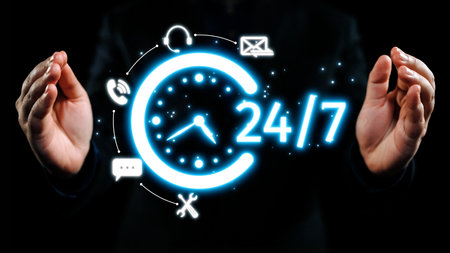 This dynamic image features hands presenting a glowing 24 hour service concept with a clock and...