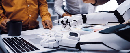 A sophisticated robot arm assists a diverse group of professionals during a collaborative meeting,...