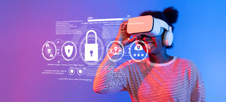 A joyful individual engages with a virtual reality headset, surrounded by digital graphics...