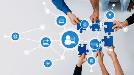 Diverse hands assemble blue puzzle pieces, symbolizing teamwork and collaboration in a business...
