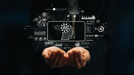 Hands Holding Digital Interface with Artificial Intelligence Concepts and Data Analytics in Modern...