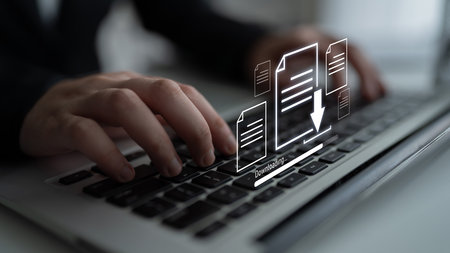 Visual representation of digital document downloading, showing file transfer, data access, and progress status for secure and efficient information retrievalの写真素材