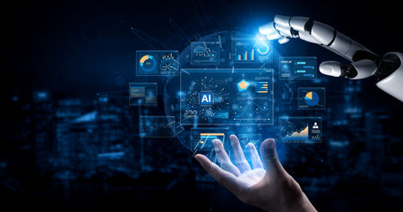AI brain processes big data with generative AI, LLMs, and machine learning to support business...