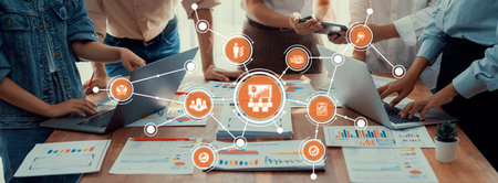 Analyst team utilizing BI Fintech to analyze and pointing at financial dashboard paper office....