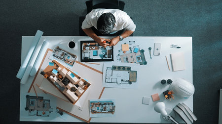 Time lapse of smart civil engineer sitting and writing idea while looking at house model. Aerial...