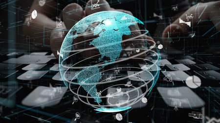A captivating digital representation of a globe intertwined with data analytics and technology...