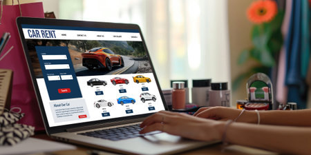 car rental website on computer screen for tourist to rent a car for transportation briskの素材