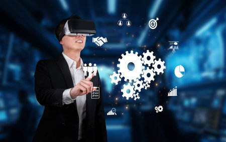 A businessman interacts with virtual reality technology, enhancing teamwork and networking skills in...