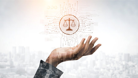 Futuristic digital law interface displaying justice scale, highlighting digital law, AI compliance,...