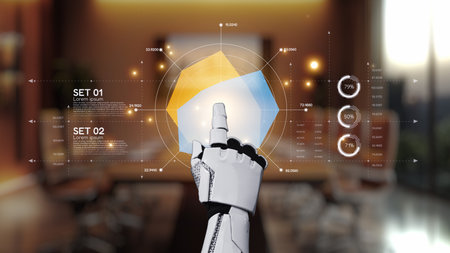 A robotic hand engages with a vibrant data visualization display, illustrating advanced technology...