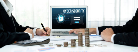 Cyber security system on computer screen protect private information brisk from hacker and cyber...
