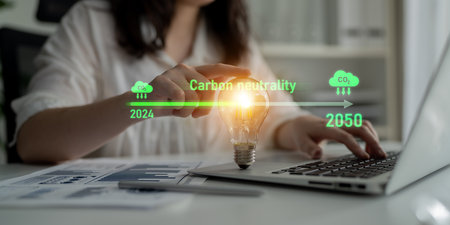Carbon neutrality timeline illustrates carbon, neutrality, and reduction targets from 2024 to 2050 to support global sustainability and green initiativesの写真素材