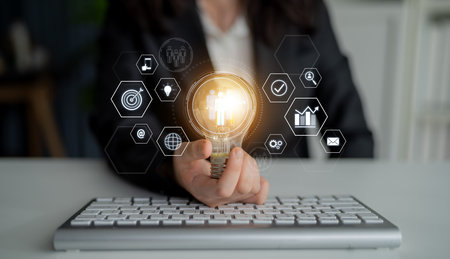 Business teamwork system showing digital communication and performance tracking. Teamwork improves...