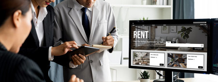 Online real estate rental search brisk on computer. House home or apartment rental website online.の素材