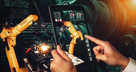 Engineer controls robotic arms by augmented reality industry technology application software. Smart...