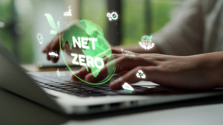 Net zero and sustainability concepts with environmental balance, digital sustainability icons, green...