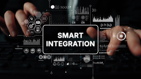 Hands Typing on Keyboard with Digital Overlay of Data Graphics Signifying Smart Integration in...