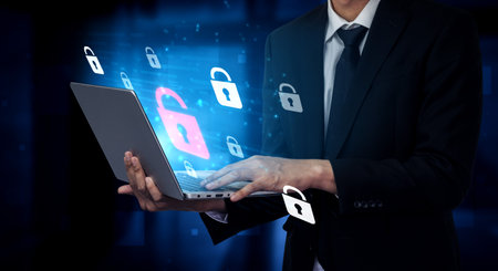 Digital security concept illustrating a cybersecurity breach, with a red unlocked padlock indicating...